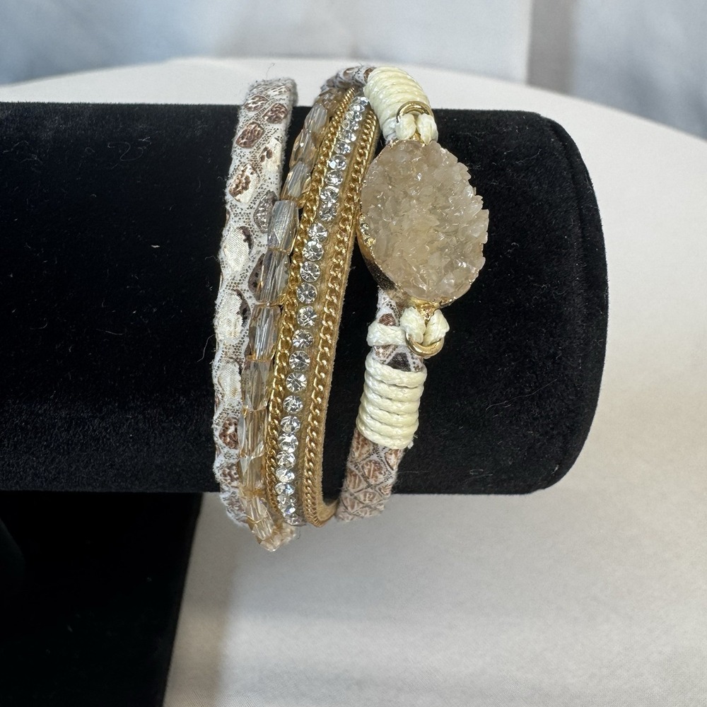 Boho Faux Drusy Gold tone Faux Leather Magnetic Clasp Bracelet